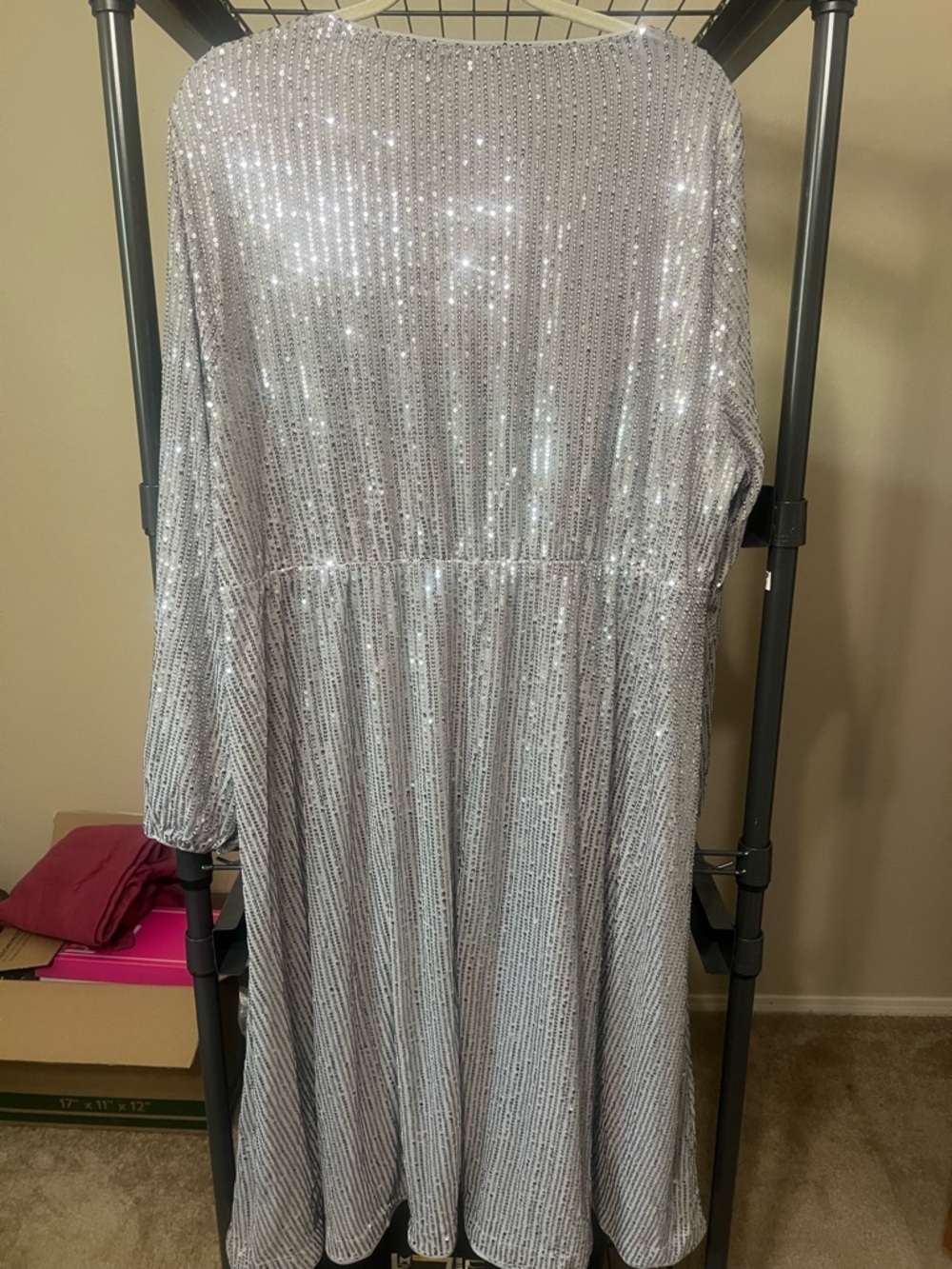 BloomChic Silver Sequin V-Neck Midi Dress with Long Sleeves - Picture 4 of 8